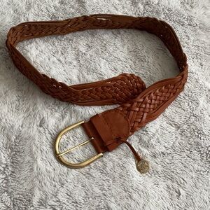 Woven Brown Leather Belt with Gold Buckle